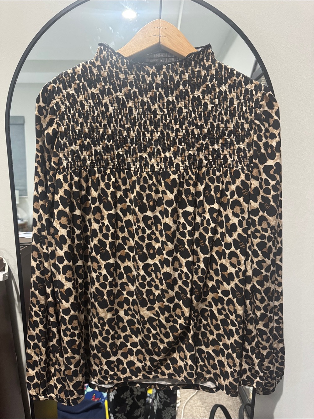Ann Taylor Factory Leopard Print Smocked Neck Blouse in Tan and Black